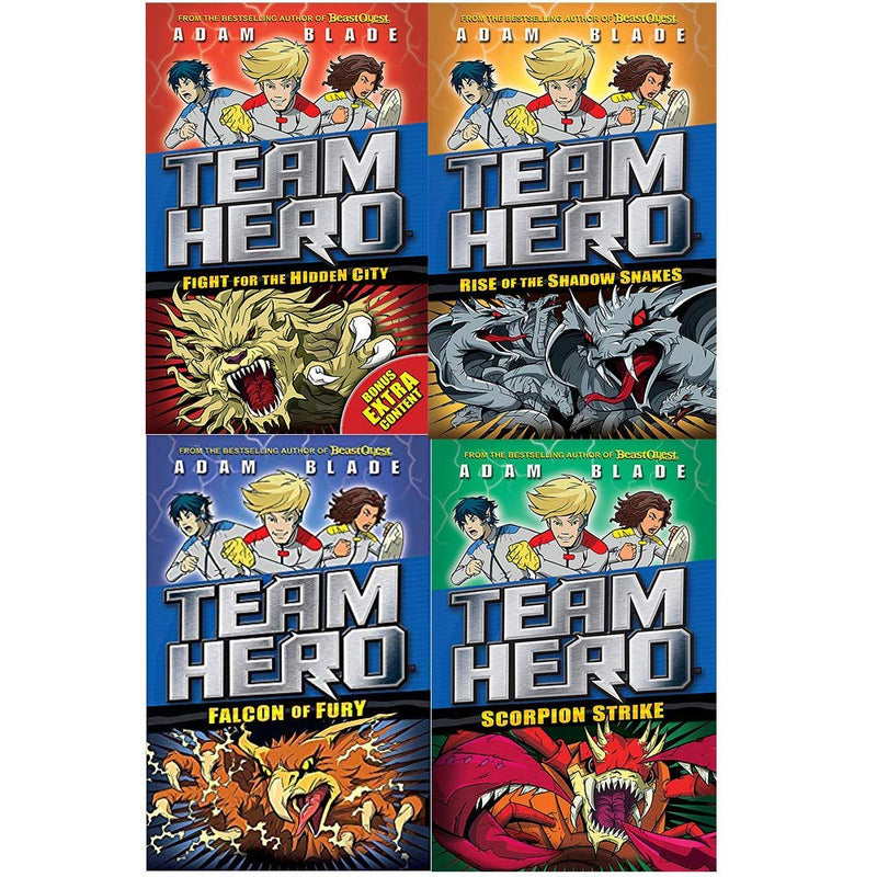 Set of four paperback adventure books from the Team Hero Series 2 by Adam Blade, featuring colorful cover illustrations.