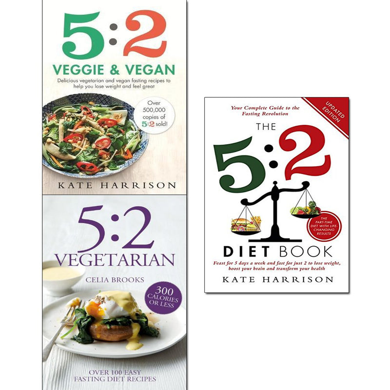 Set of three paperback books by Kate Harrison on The 5:2 Diet, focusing on vegan, vegetarian, and non-fiction diet tips.