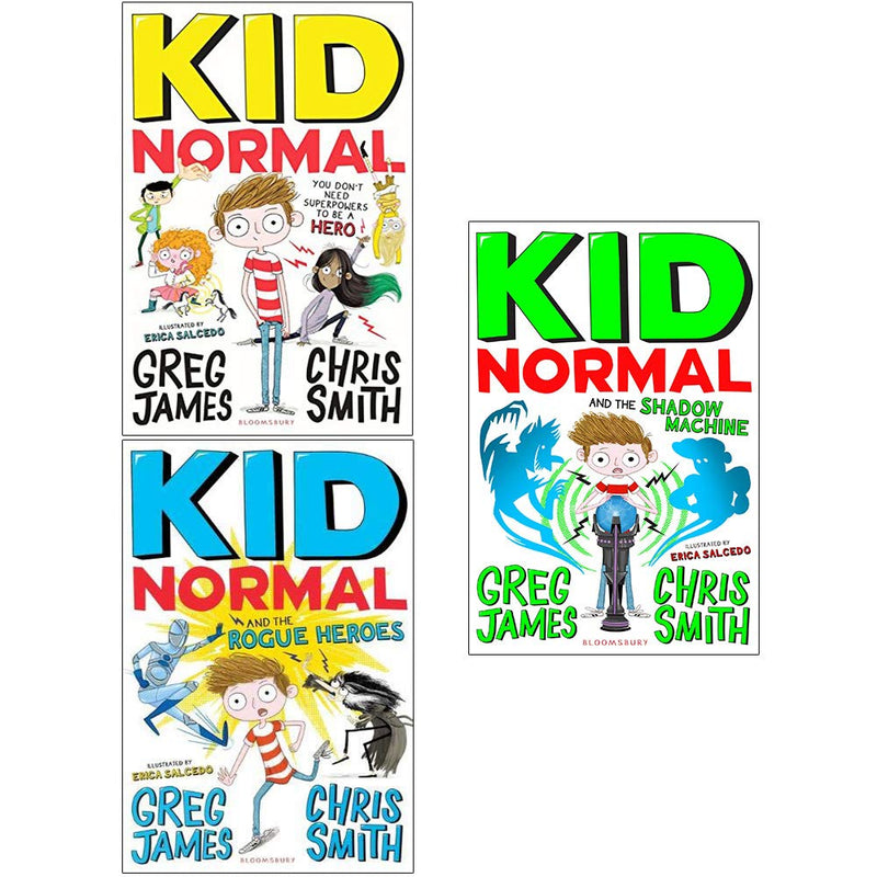 Set of three Kid Normal fiction books by Greg James and Chris Smith, paperback collection for children, published by Bloomsbury.