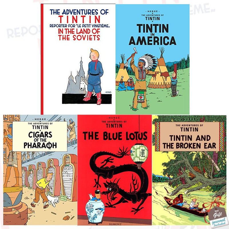 Hergé The Adventures of Tintin gift journal set featuring five paperback books by Egmont, with colorful cover art.