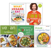 Set of five vegan cookbooks including "What Vegans Eat" and "Veggie Lean In 15" by Brett Cobley, Joe Wicks, and Iota Publishing.