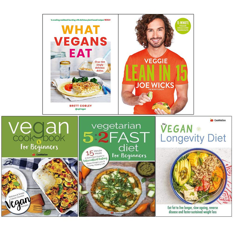 Set of five vegan cookbooks including "What Vegans Eat" and "Veggie Lean In 15" by Brett Cobley, Joe Wicks, and Iota Publishing.