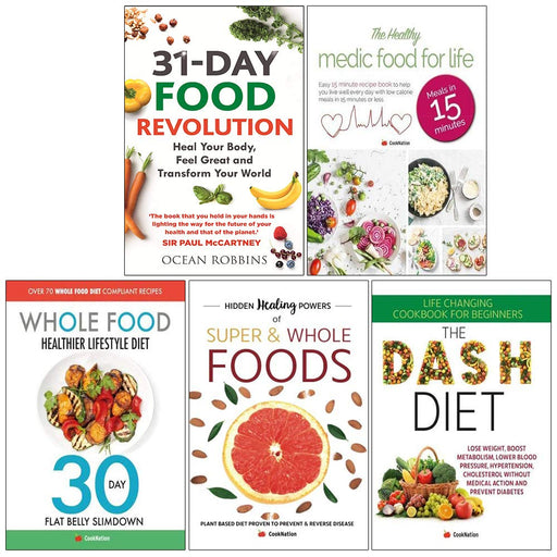 31 day food revolution, medic food for life, whole food healthier lifestyle diet, hidden healing powers, dash diet 5 books collection set - The Book Bundle