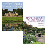 Two hardcover books, "Secret Houses of the Cotswolds" and "Secret Gardens of East Anglia" by Jeremy & Barbara, with detailed cover images.