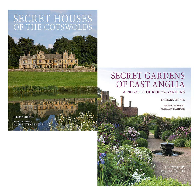 Two hardcover books, "Secret Houses of the Cotswolds" and "Secret Gardens of East Anglia" by Jeremy & Barbara, with detailed cover images.