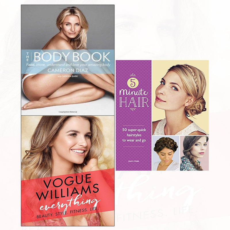 The Body Book, Everything, 5-Minute Hair 3-book collection set by HarperCollins featuring books by Cameron Diaz, Vogue Williams, and Dr. Anjali Mahto.