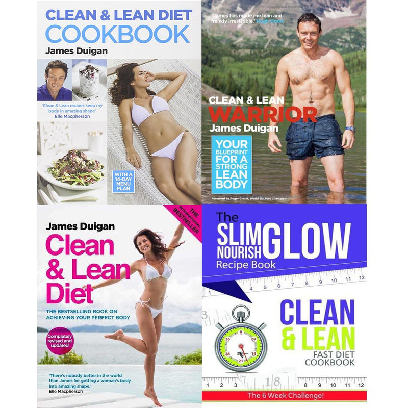 Set of four Clean and Lean Diet Cookbooks by James Duigan, paperback, healthy recipes and nutrition tips from Kyle Books.
