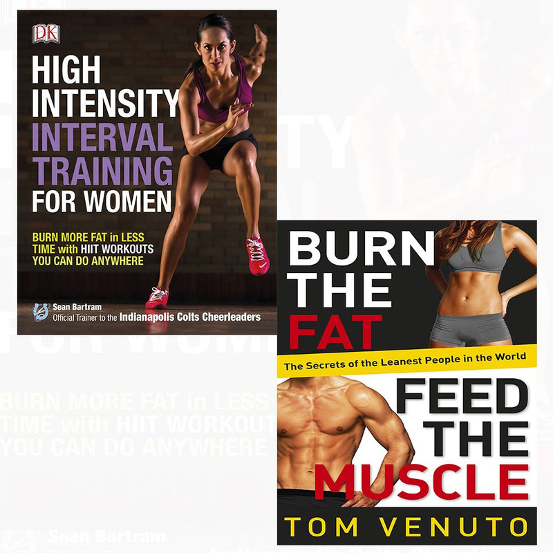 Stack of two paperback books by Sean Bartram on fitness: Burn the Fat, Feed the Muscle, and High-Intensity Interval Training for Women.