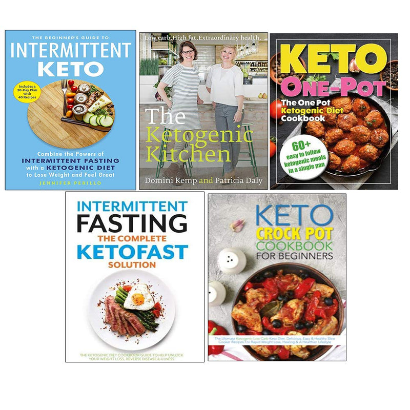 Set of five non-fiction cookbooks including Beginner's Guide to Intermittent Keto and One Pot Diet, by Jennifer Perillo and others.
