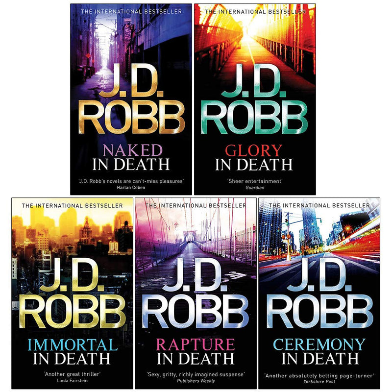 Set of five JD Robb In Death books, including Ceremony in Death, in paperback format by Piatkus featuring crime fiction covers.