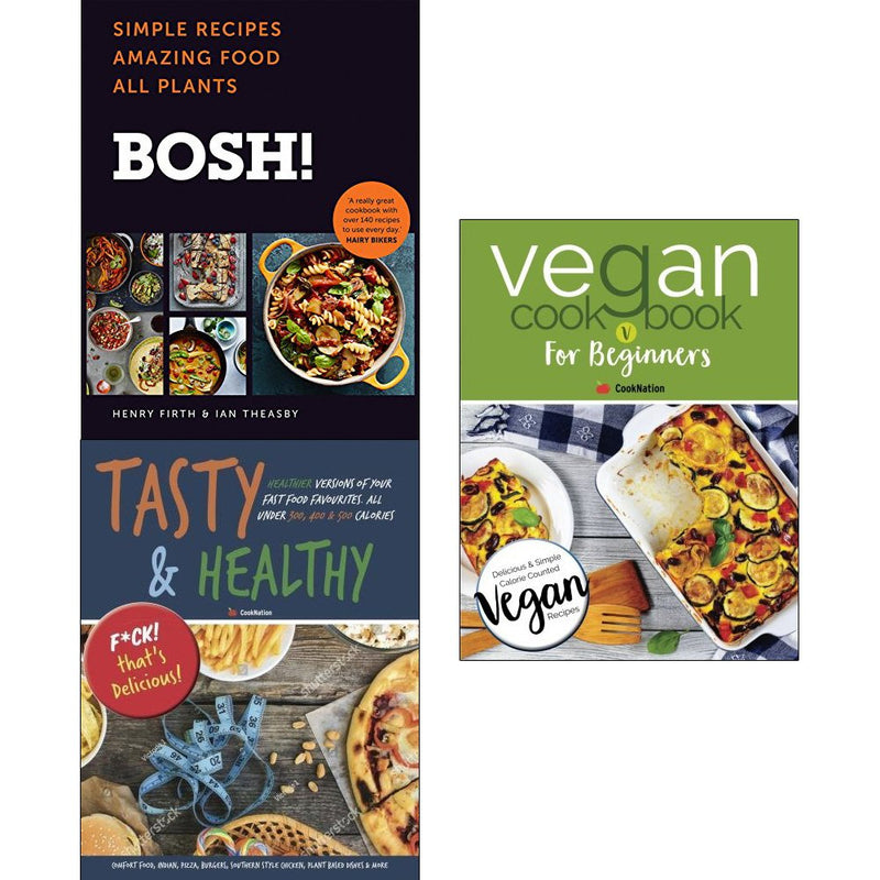 Set of three hardcover cookbooks by Henry Firth and Ian Theasby, featuring simple recipes from the BOSH! collection.