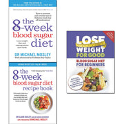 Collection of three paperback books by M. Mosley on blood sugar diet and health, featuring titles from The Blood Sugar Diet series.