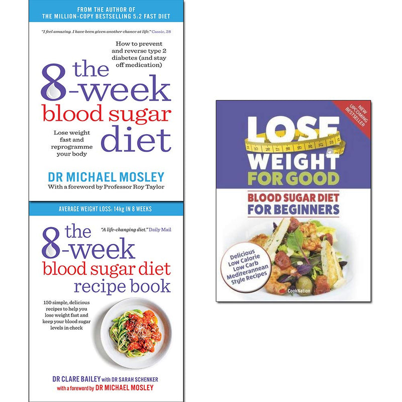 Collection of three paperback books by M. Mosley on blood sugar diet and health, featuring titles from The Blood Sugar Diet series.
