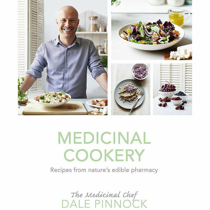 Hardcover copy of Medicinal Cookery book by Dale Pinnock, published by Orion, featuring cover art on a plain background.