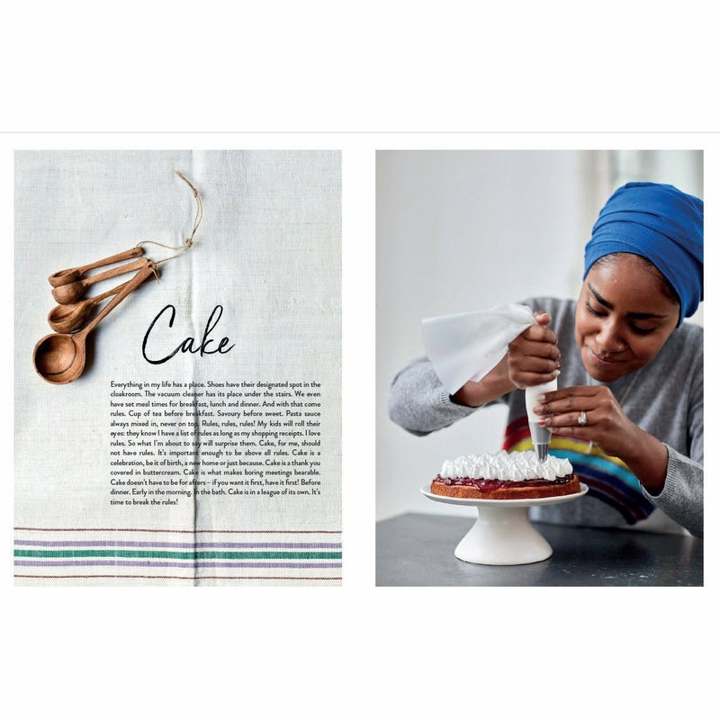 Hardcover of Nadiya Hussain's "Nadiya's Family Favourites" cookbook with colorful recipe pages and a cozy kitchen setting.