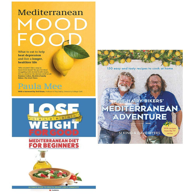 Mediterranean Mood Food book set by The Hairy Bikers, including recipes for weight loss and healthy eating, featuring colorful dish images.