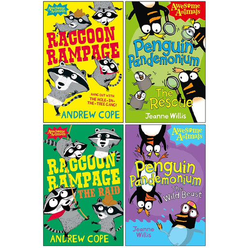 Awesome Animals Collection 4 Books Set By Andrew Cope, Jeanne Willis (Raccoon Rampage, Penguin Pandemonium- The Rescue, Raccoon Rampage- The Raid, Penguin Pandemonium- The Wild Beast) - The Book Bundle