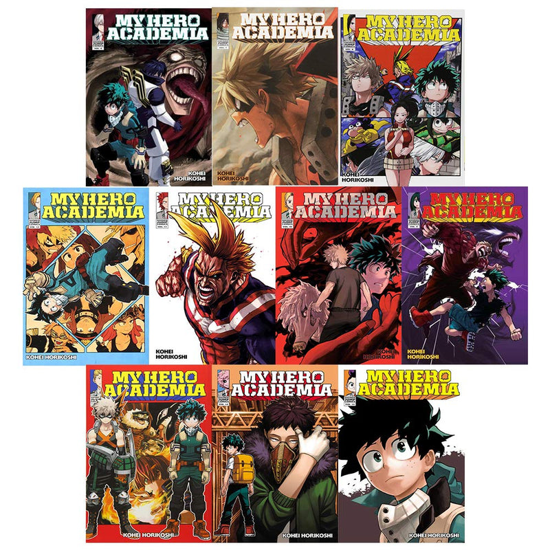 My Hero Academia 10-book collection set by Kohei Horikoshi, paperback manga series with colorful cover art and character illustrations.