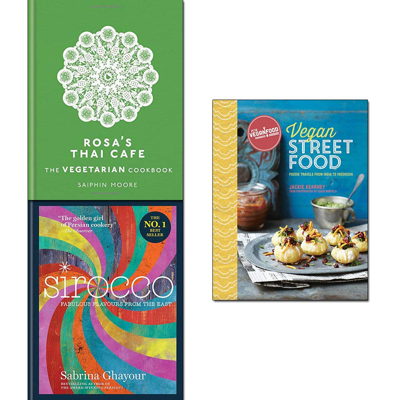 Set of three hardback vegan street food cookbooks by Sabrina Ghayour, featuring Thai vegetarian recipes from Rosa's Thai Cafe.