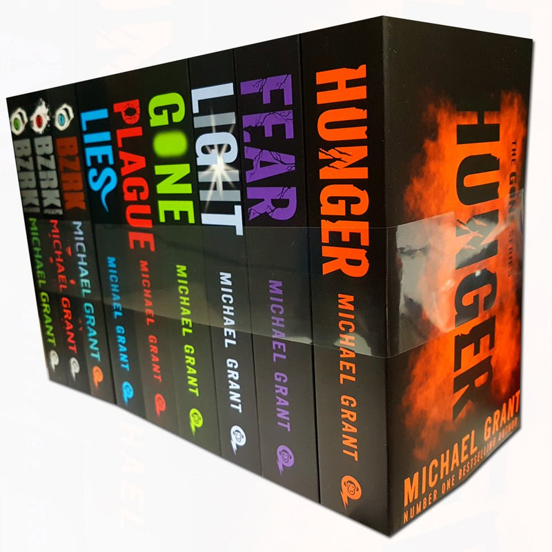Set of nine paperback books by Michael Grant including Fear, Gone, BZRK, and more in a fiction collection.