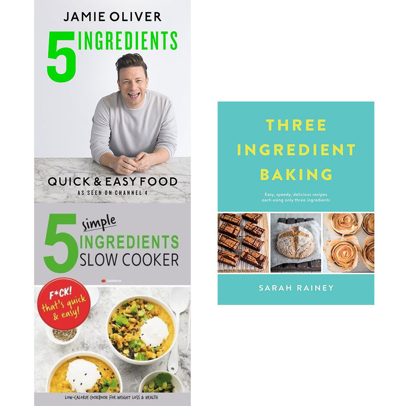 Set of three cookbooks by Iota Publishing featuring simple slow cooker recipes and three-ingredient baking ideas with vibrant covers.