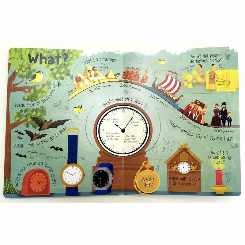 Set of five hardcover Usborne lift-the-flap question and answer books by Katie Daynes, featuring colorful educational pages.