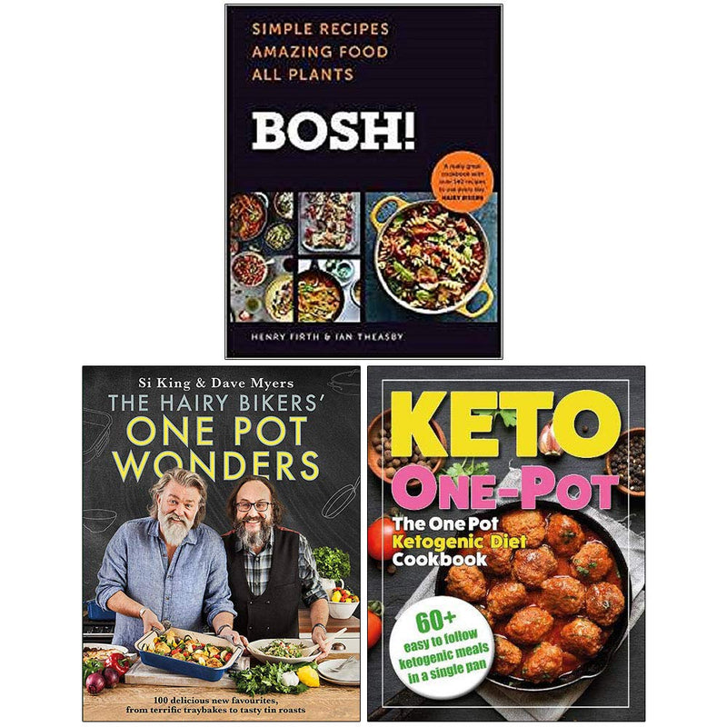 Set of three cookbooks including Bosh Simple Recipes, Hairy Bikers One Pot Wonders, and One Pot Ketogenic Diet Cookbook by Ian Theasby and Henry Firth