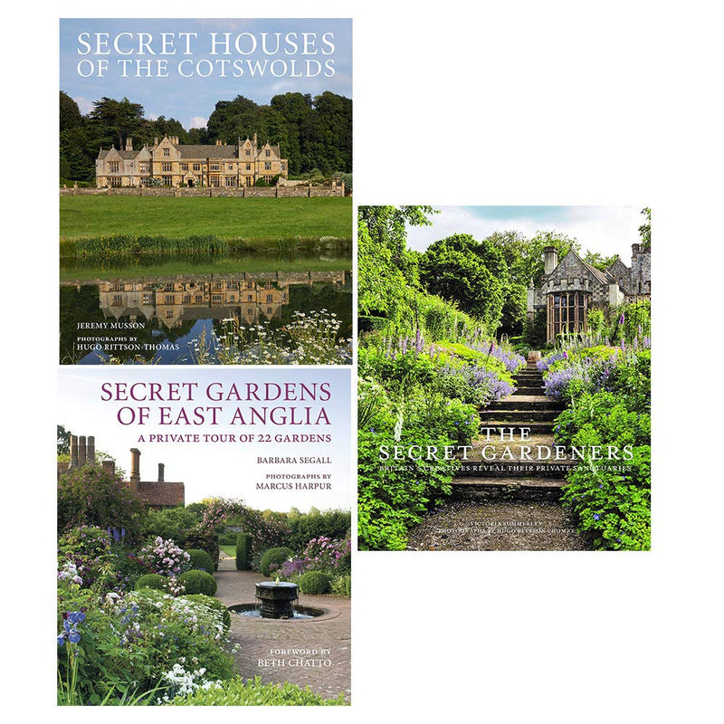 Three hardcover books from the Secret Houses of the Cotswolds and Gardens of East Anglia collection by Jeremy, Barbara, and Victoria Summerley