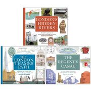 Set of three paperback books on London's hidden rivers, Thames Path, and Regent Canal by David Fathers, featuring detailed maps and illustrations.