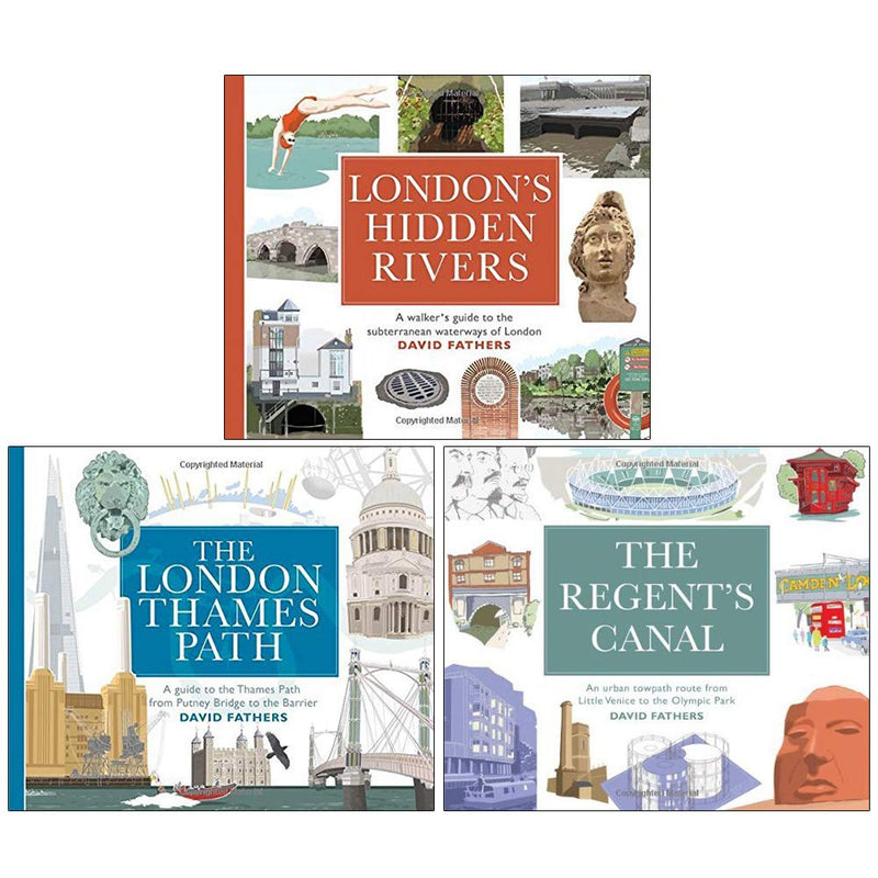 Set of three paperback books on London's hidden rivers, Thames Path, and Regent Canal by David Fathers, featuring detailed maps and illustrations.