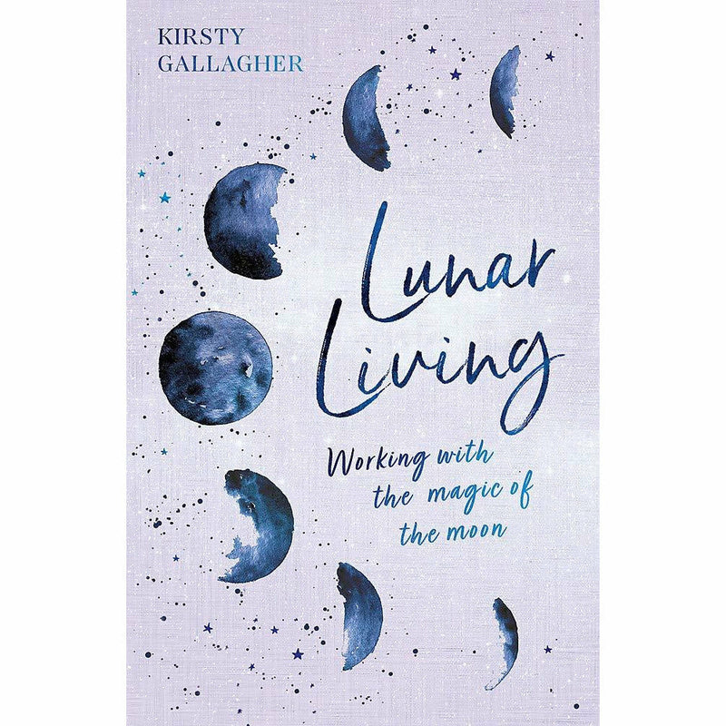 Hardcover copy of "Lunar Living" by Kirsty Gallagher, featuring a yellow cover with moon cycle illustrations.