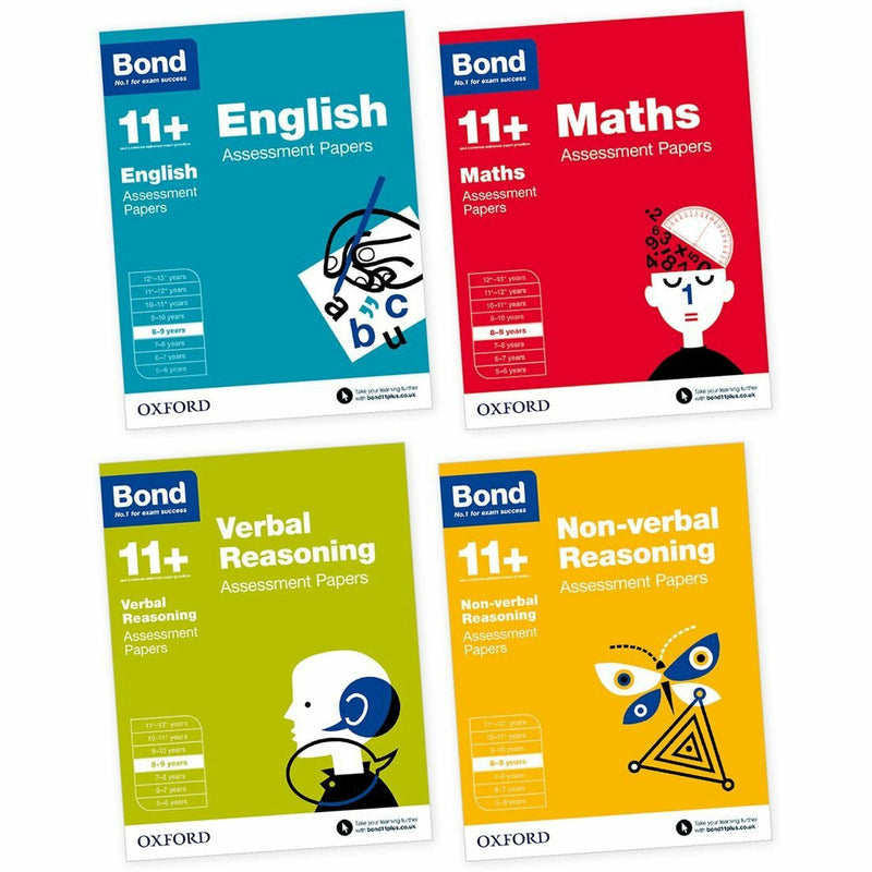 Paperback Bond 11+ assessment papers for ages 8-9 covering English, Maths, Verbal and Non-Verbal Reasoning by The Book Bundle.