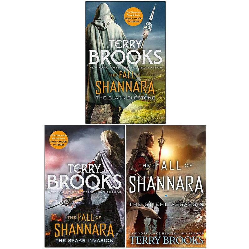 Set of three paperback fantasy books from Terry Brooks' The Fall of Shannara collection, featuring vibrant cover art and detailed illustrations.