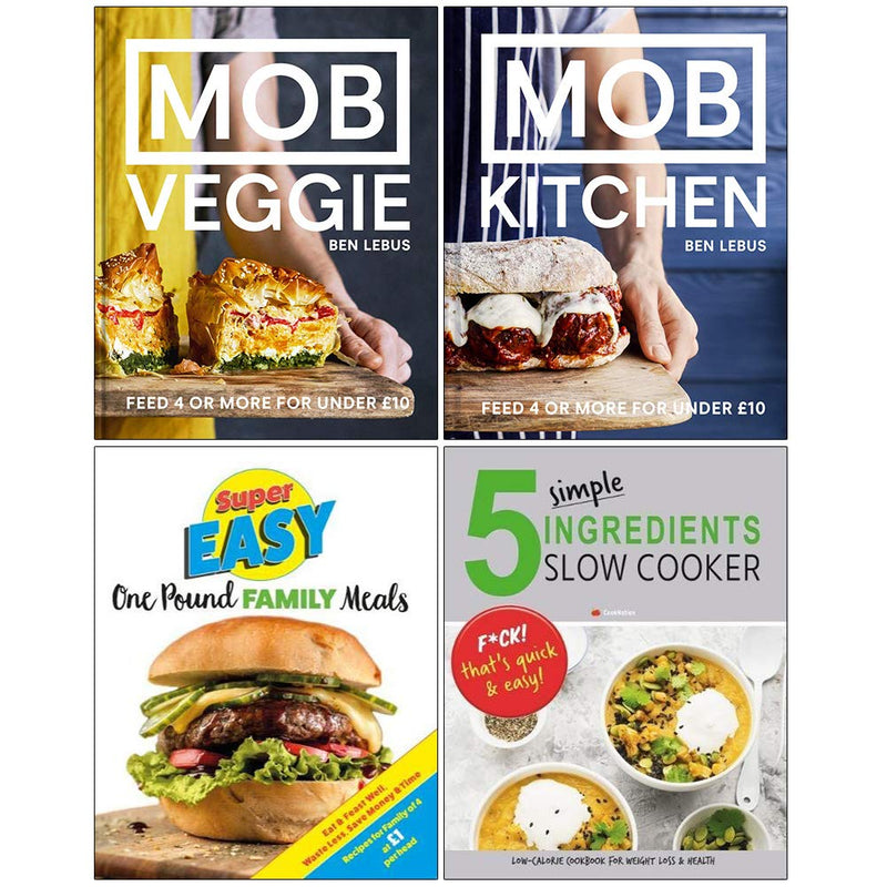 Set of four Mob Veggie, Mob Kitchen cookbooks by The Book Bundle, featuring family meal recipes in various formats.