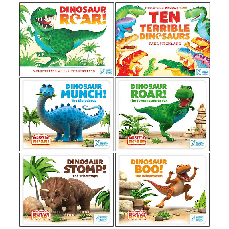 Six board books from the World of Dinosaur Roar collection for ages 0-2, published by Macmillan Children's Books.