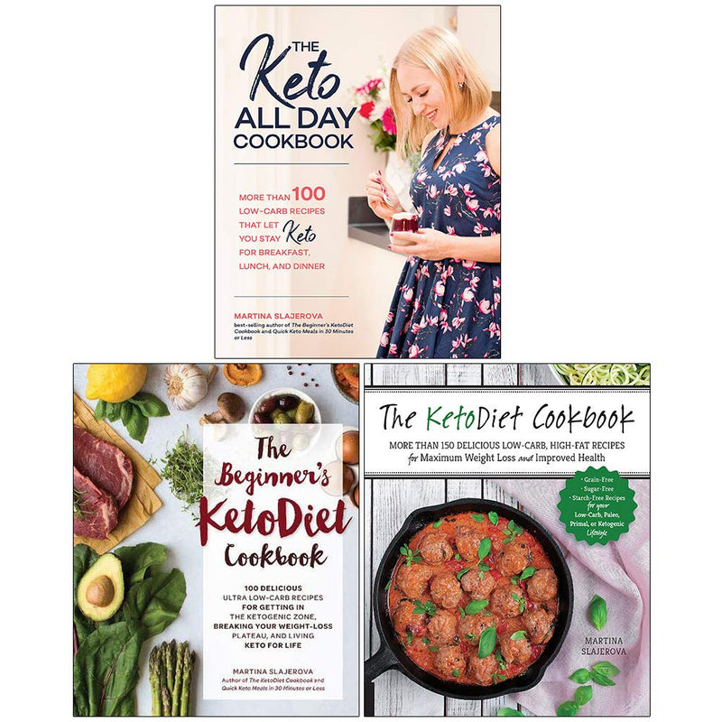 Three paperback keto cookbooks by Martina Slajerova, including Keto All Day and Beginners Keto Diet, featuring healthy low-carb recipes.