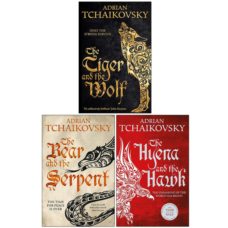 Three paperback books from Adrian Tchaikovsky's Echoes of the Fall collection set, featuring fantasy fiction with detailed cover art.
