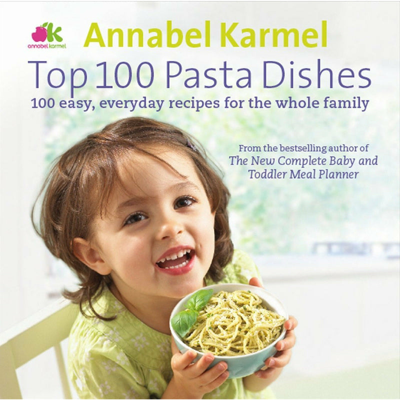 Hardcover book titled "Top 100 Pasta Dishes" by Annabel Karmel, featuring colorful pasta recipes on the cover.