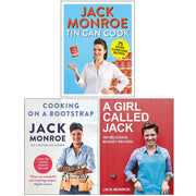 Set of three paperback cookbooks by Jack Monroe, featuring Tin Can Cook, Cooking on a Bootstrap, and A Girl Called Jack, with colorful covers.