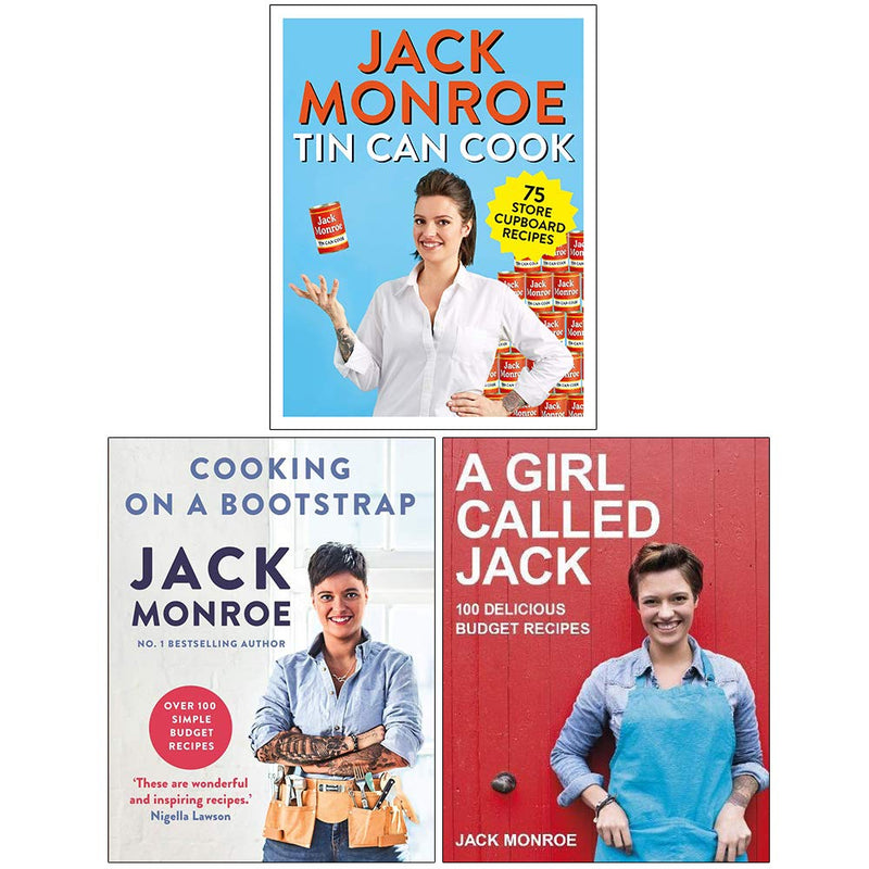 Set of three paperback cookbooks by Jack Monroe, featuring Tin Can Cook, Cooking on a Bootstrap, and A Girl Called Jack, with colorful covers.