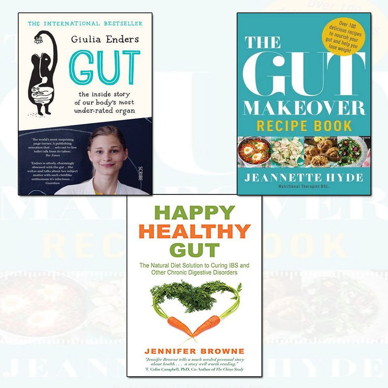 Happy Healthy Gut & Gut Makeover Recipe Book set by Jennifer Browne, featuring colorful paperback covers and gut health illustrations.
