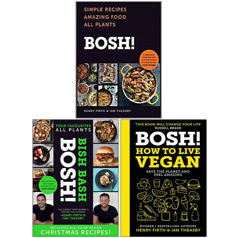 Bosh Simple Recipes book set by Henry Firth and Ian Theasby featuring three non-fiction cookbooks with colorful covers.