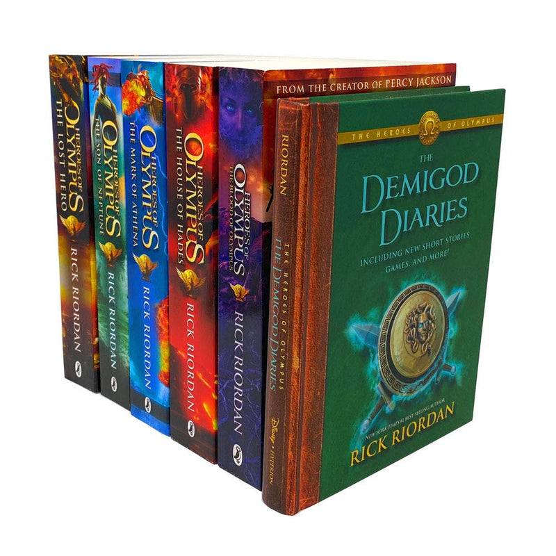 Six-book collection of Heroes of Olympus series by Rick Riordan, featuring young adult fantasy novels in mixed formats.