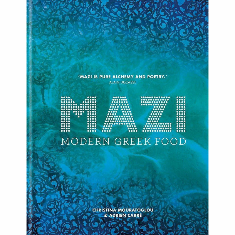 Hardcover set of two Mazi Modern Greek food books featuring prawn-themed illustrations and vibrant cover designs.