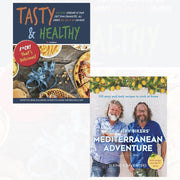 The Hairy Bikers' Mediterranean Adventure 2-book collection set featuring colorful covers and images of Mediterranean cuisine and scenery.