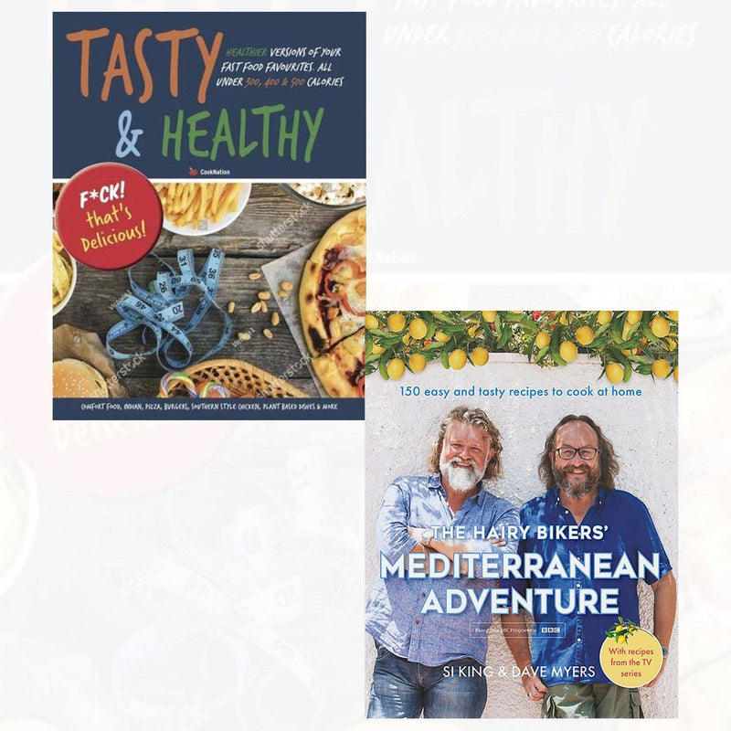The Hairy Bikers' Mediterranean Adventure 2-book collection set featuring colorful covers and images of Mediterranean cuisine and scenery.