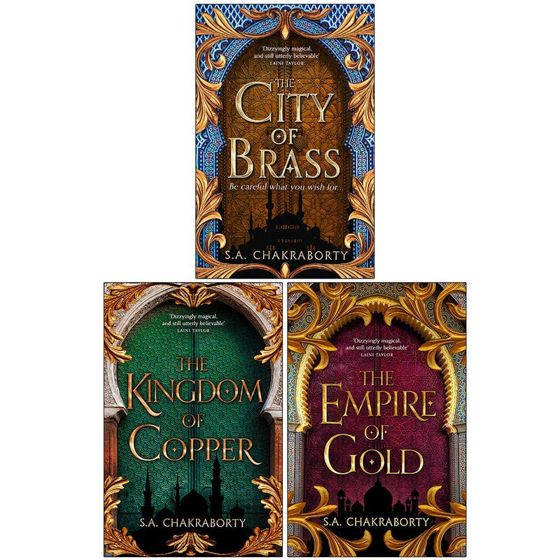 Daevabad Trilogy book set by S. A. Chakraborty, featuring The City of Brass, The Kingdom of Copper, and The Empire of Gold by HarperVoyager