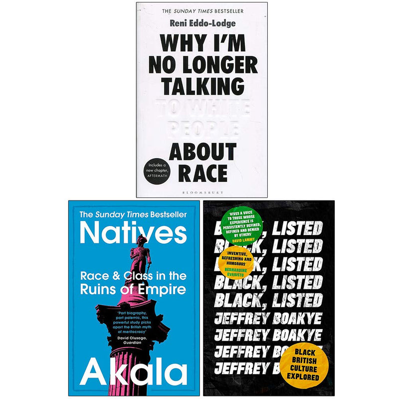 Set of three paperback non-fiction books by Akala including "Why I'm No Longer Talking to White People About Race" and related titles.