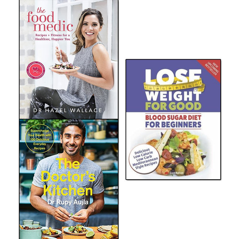 Set of three non-fiction books on blood sugar diet by Dr. Hazel Wallace, Dr. Rupy Aujla, and Iota Publishing, with colorful covers.