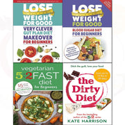 Set of four paperback diet books by Kate Harrison and Iota, covering blood sugar control, vegetarian fasting, and gut health.